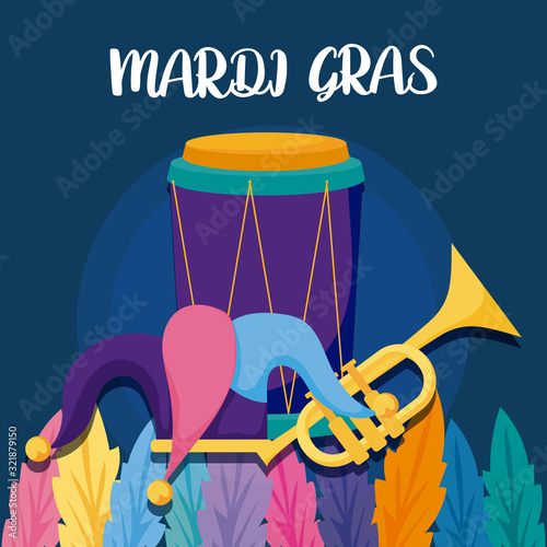 Mardi gras drum hat and trumpet vector design