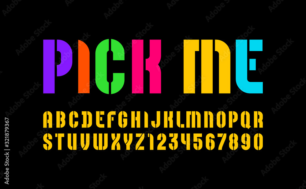 Stencil colored font, condensed bold bright alphabet, modern geometric modular letters and numbers, book symbols for your design, vector illustration