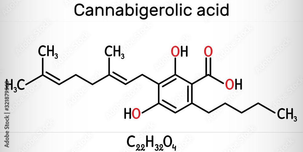 Cannabigerolic acid, CBGA, molecule. It is cannabinoid, precursor tetrahydrocannabinolic acid THCA, cannabidiolic acid CBDA, cannabichromenic acid CBCA. Skeletal chemical formula Cannabigerolic acid, CBGA, molecule. It is cannabinoid, precursor tetrahydrocannabinolic acid THCA, cannabidiolic acid CBDA, cannabichromenic acid CBCA. Skeletal chemical formula