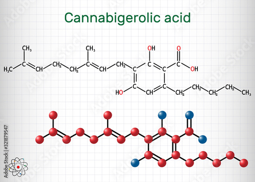 Cannabigerolic acid, CBGA,  molecule. It is cannabinoid, precursor tetrahydrocannabinolic acid THCA, cannabidiolic acid CBDA, cannabichromenic acid CBCA. Sheet of paper in a cage. 