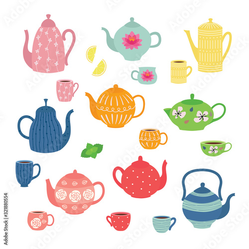 Hand drawn teapot and cup collection. Colorful tea cups, coffee cups and teapots isolated on white background. photo