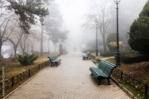 Empty park street during the foggy morning in Tbilisi, Gerogia © oleksandr.info