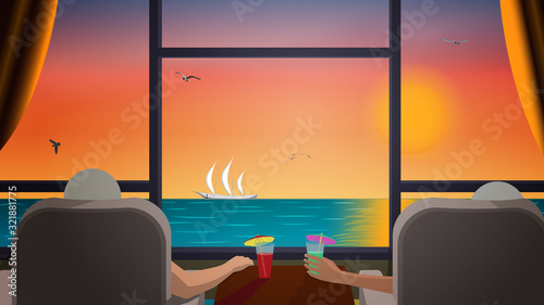 Pensioners relax in a bungalow, sit in armchairs and look at the sea through a large window. On the table are cocktails with umbrellas. The sun shines over the sea and seagulls fly. Horizontal vector.