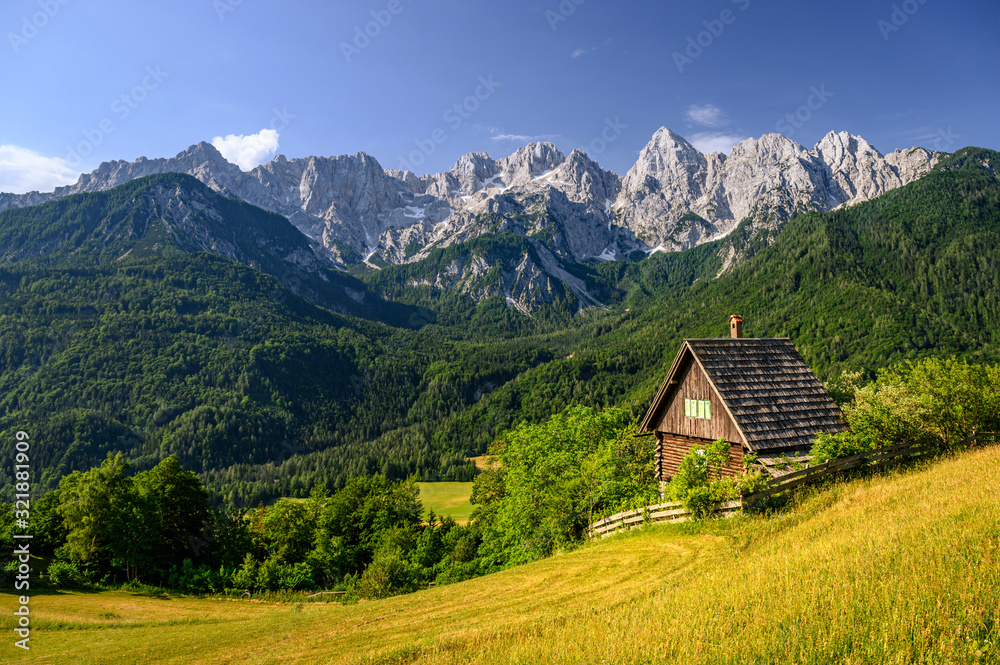 Alpine hut in front of the impressive Julian Alps in Kranjska Gora, Slovenia