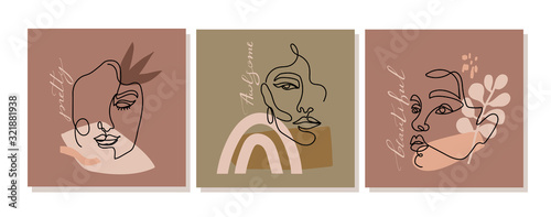 Set of design illustrations with one line continuous woman face, abstract shapes and stylish calligraphy. Abstract collage. Design templates for social media stories, covers, banner etc. Vector.