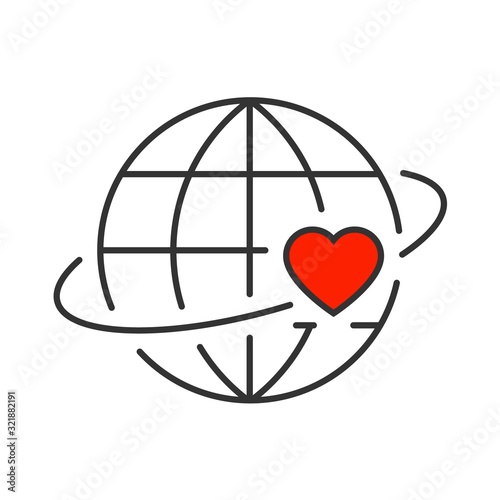 Heart revolves around the earth line icon. Editable stroke