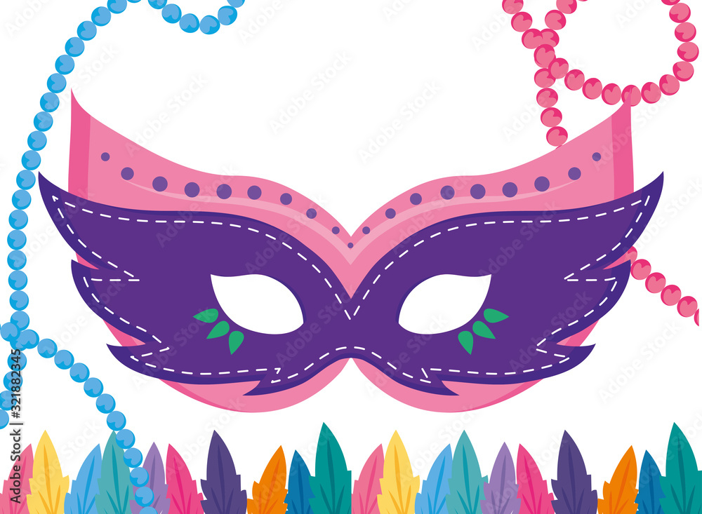 Isolated mardi gras mask with feathers and necklaces vector design