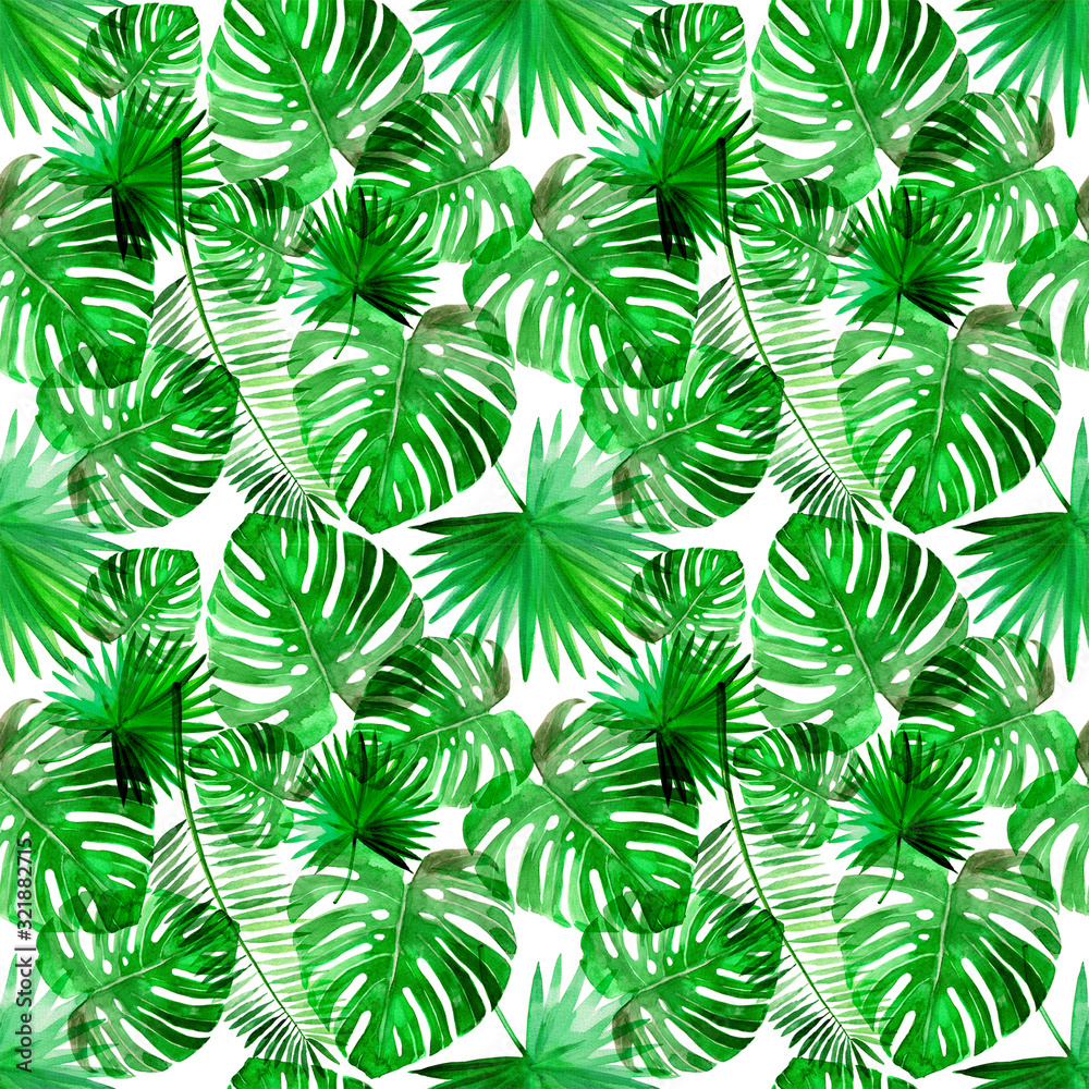 Tropical green beach summer palm leaf pattern set watercolor illustrated