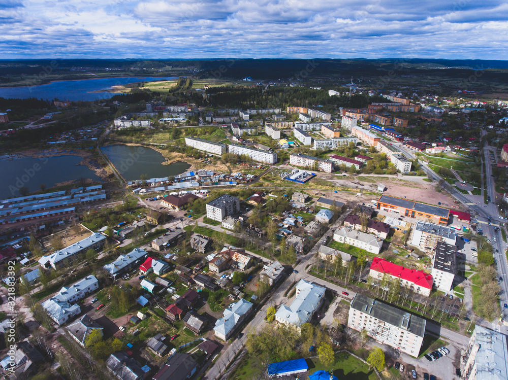 Aerial air view of Sortavala city, a town in the Republic of Karelia, Russia, located at the northern tip of Lake Ladoga, shot from drone
