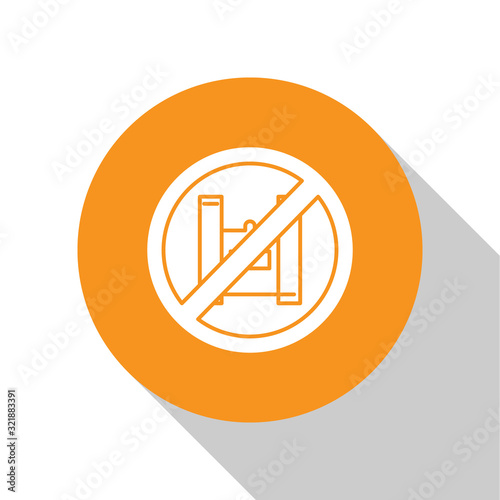 White Say no to plastic bags poster icon isolated on white background. Disposable cellophane and polythene package prohibition sign. Orange circle button. Vector Illustration