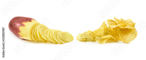 Cut raw potato vegetable and potatoes chips isolated