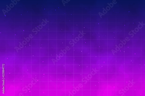 Retro futuristic background with fog. Night sky with stars and clouds, Galaxy, light glow effect. Template background for electronic music events. Vector illustration in neon colors.