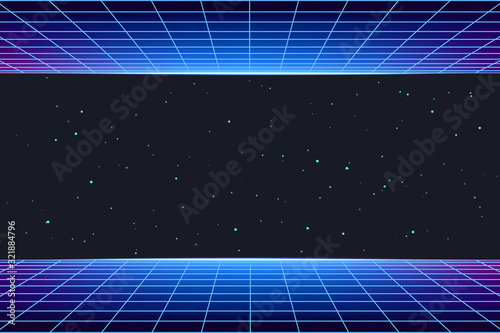 Futuristic galaxy background with neon laser grid. Abstract night sky with stars and glow. Wallpaper for hackathon, vaporwave and retrowave party, music poster. Illustration in retro cosmic style