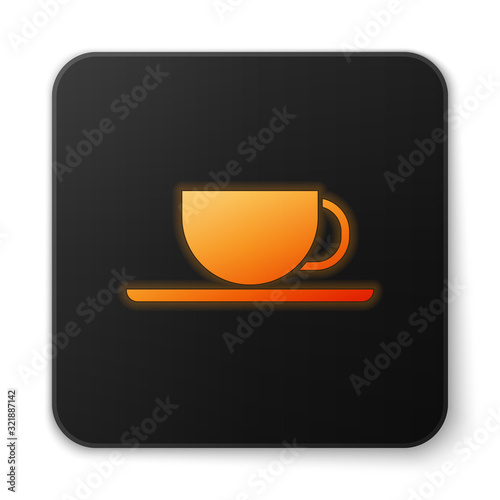 Orange glowing neon Coffee cup icon isolated on white background. Tea cup. Hot drink coffee. Black square button. Vector Illustration