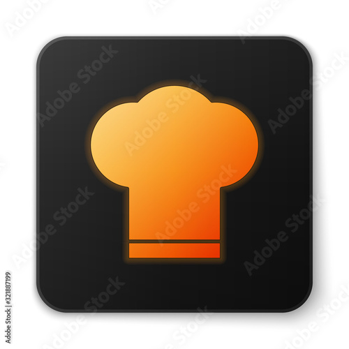 Orange glowing neon Chef hat icon isolated on white background. Cooking symbol. Cooks hat. Black square button. Vector Illustration