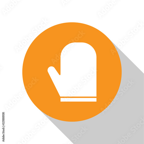 White Oven glove icon isolated on white background. Kitchen potholder sign. Cooking glove. Orange circle button. Vector Illustration