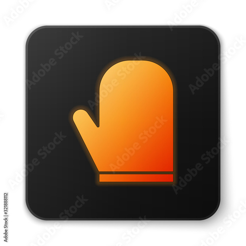 Orange glowing neon Oven glove icon isolated on white background. Kitchen potholder sign. Cooking glove. Black square button. Vector Illustration