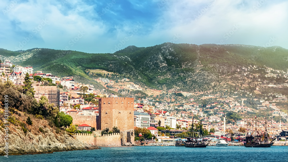 Panoramic view of Alanya,and Kizil Kule or Red Tower .Turkey