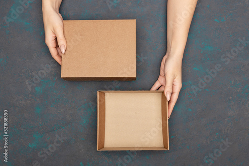 Top view of woman hands holding opened cardboard box with empty space for information. Giving or getting a ecommerce parcel © Galina_lya
