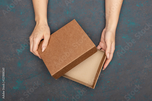 close up picture of woman hands opening cardboard box. delivery service. ecommerce parcel receiving. © Galina_lya