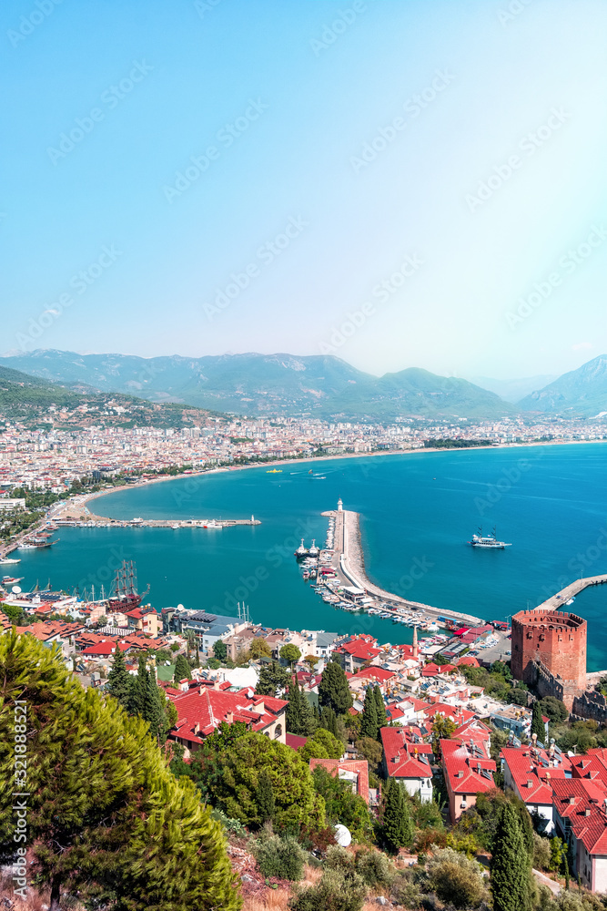 Beautiful panoramic view of the coastline of Alanya, Turkey, Vertical image