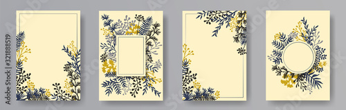 Hand drawn herb twigs, tree branches, leaves floral invitation cards templates. Bouquet wreath elegant cards design with dandelion flowers, fern, lichen, olive branches, savory twigs.