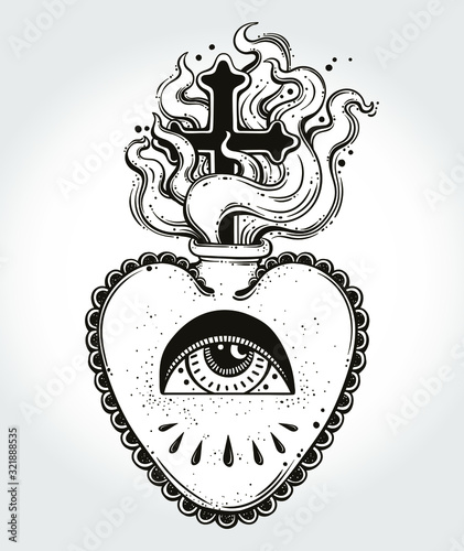 The beautiful sacred heart . Tattoo art, graphic, t-shirt design, postcard, poster design, coloring books,spirituality, occultism.Isolated vector illustration.