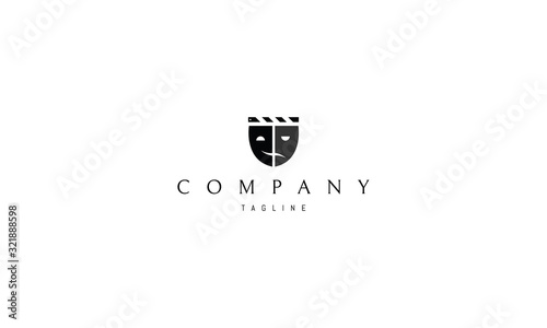 Vector logo on which an abstract image of a movie clapper in the form of masks of comedy and tragedy.