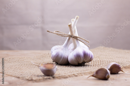 Bulbs of garlic and cloves on burlap. Healthy lifestyle. Source of vitamins. Vegetarian diet.