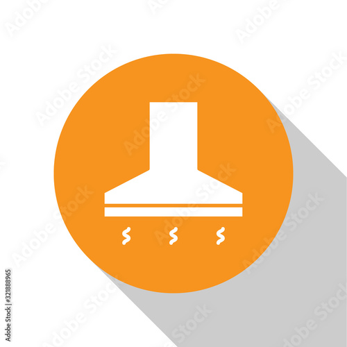 White Kitchen extractor fan icon isolated on white background. Cooker hood. Kitchen exhaust. Household appliance. Orange circle button. Vector Illustration