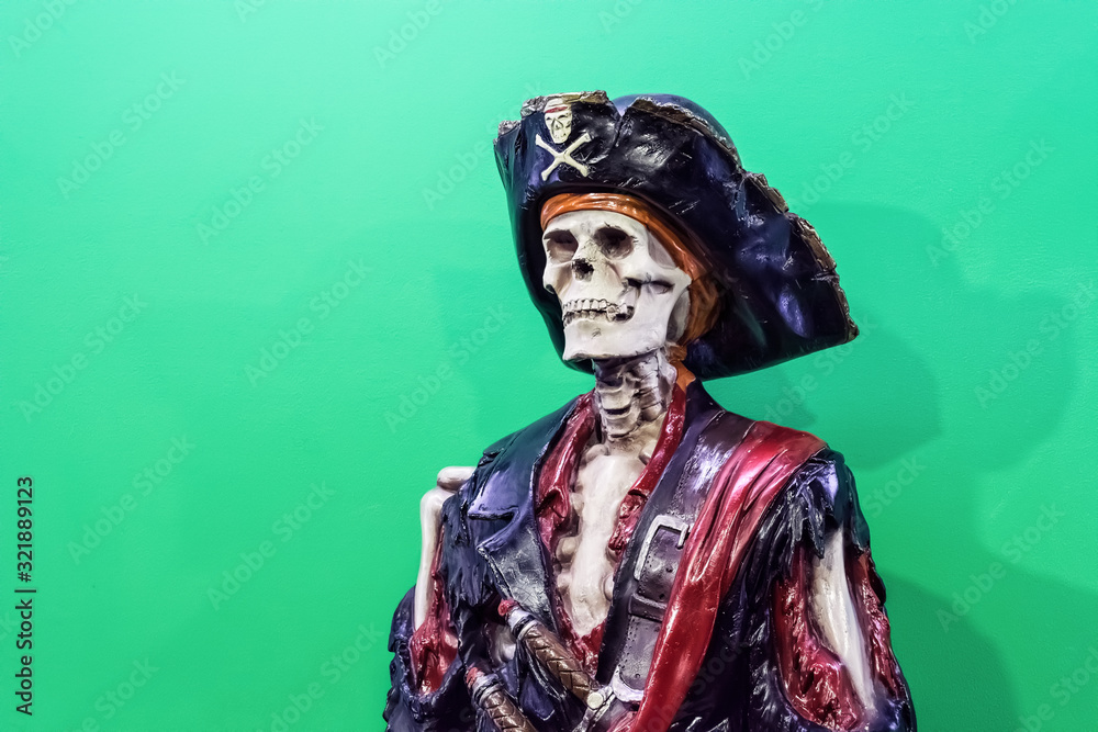 Antalya, Turkey - September 19, 2019 : ?lose up of skeleton with skull in a pirate costume , realistic sculpture of the object