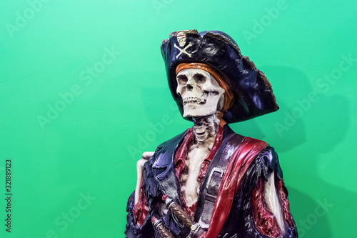 Antalya, Turkey - September 19, 2019 : ?lose up of skeleton with skull in a pirate costume , realistic sculpture of the object