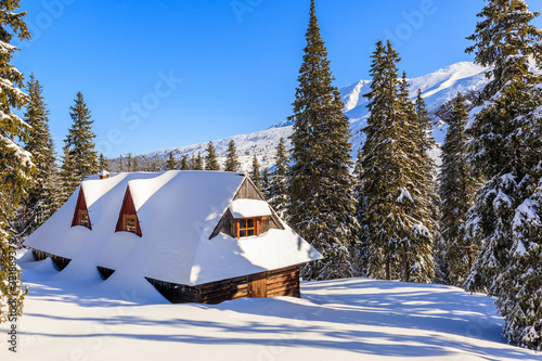 Mountain wooden hut covered with fresh snow in Gasienicowa valley during winter time, Tatra Mountains, Poland © pkazmierczak
