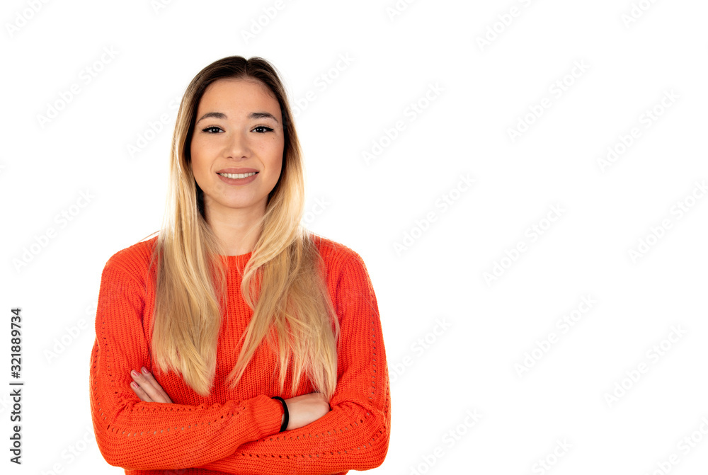 Pretty blonde woman with red jersey Pretty blonde woman with red jersey