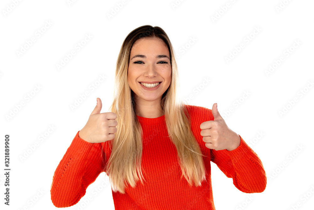 Pretty blonde woman with red jersey