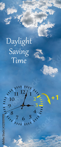 Daylight Saving Time (DST). Blue sky with white clouds and clock. Turn time forward (+1h).