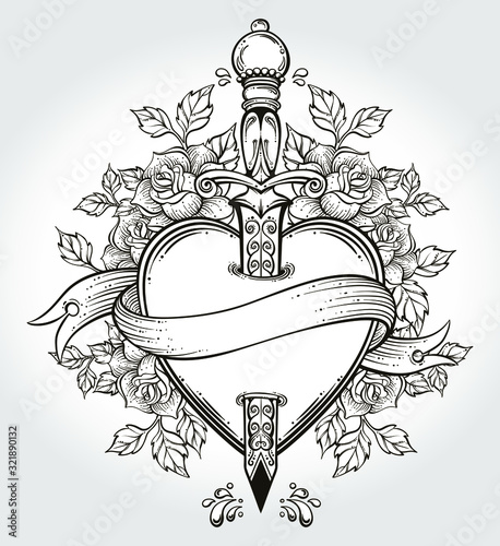 Isolated vector illustration of heart, knife, roses and banner.Tattoo art, graphic, t-shirt design, postcard, poster design, coloring books,spirituality, occultism.Isolated vector illustration.