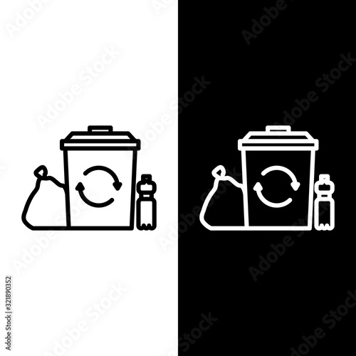 Set line Recycle bin with recycle symbol icon isolated on black and white background. Trash can icon. Garbage bin sign. Recycle basket. Vector Illustration