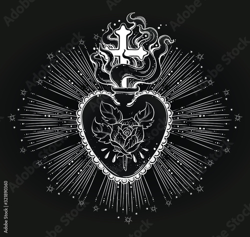 The beautiful sacred heart of Jesus with rays.Tattoo art, graphic, t-shirt design, postcard, poster design, coloring books,spirituality, occultism.Isolated vector illustration.