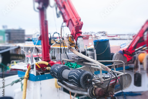 View of fishing equipment on fishing trawler ship in Svolvaer, Norway, Lofoten Islands, Nordland