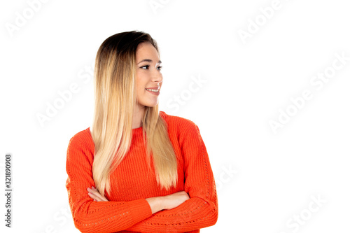 Pretty blonde woman with red jersey