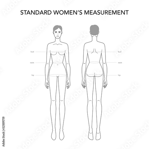 Standart womens measurements fashion terminology Illustration for lady size chart.