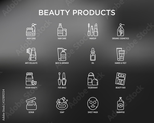 Beauty products thin line icons set: skin care, cream, gel, organic cosmetics, make up, nail care, beauty box, deodorant, face oil, scrub, shampoo, sheet mask. Modern vector illustration.