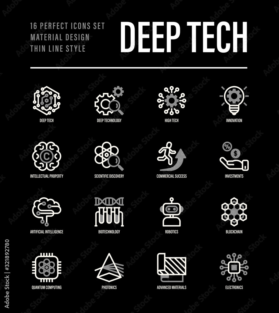 Deep tech thin line icons set. Symbols of ai, innovation, intellectual property, scientific discovery, investment,  quantum computing, photonics, blockchain, robotics. Vector illustration.