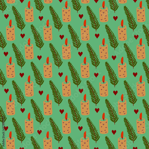 Seamless pattern with candles and fir branches. 