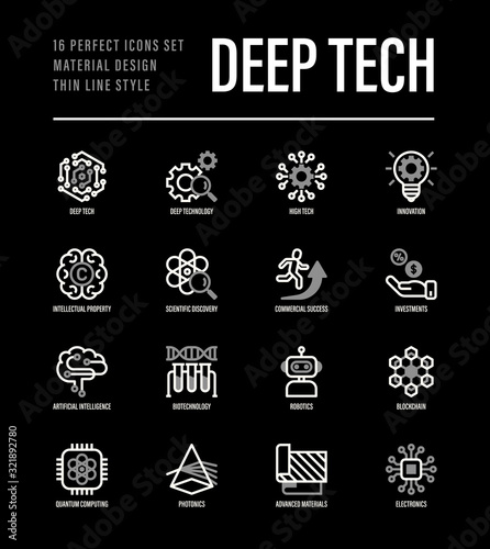 Deep tech thin line icons set. Symbols of ai, innovation, intellectual property, scientific discovery, investment,  quantum computing, photonics, blockchain, robotics. Vector illustration.