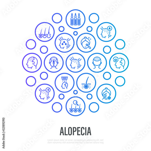 Alopecia and her types thin line icons in circle shape. Trichology, hair loss, hair follicle, mesotherapy, ampoules, hair transplant. Vector illustration.