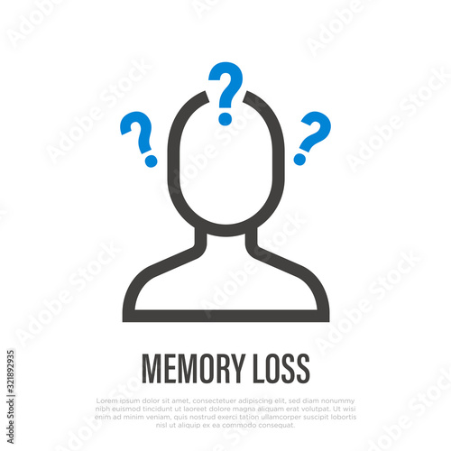 Alzheimer's disease: human with question marks. Memory loss. Dementia thin line icon. Healthcare and medical vector illustration.