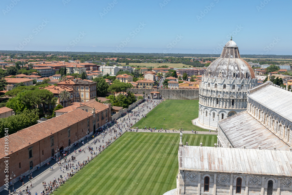 Panoramic view of Piazza del Miracoli with Pisa Cathedral and Baptistery