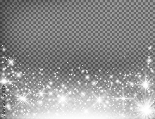 The dust sparks and stars shine with special light isolated on transparent background. Vector illustration.